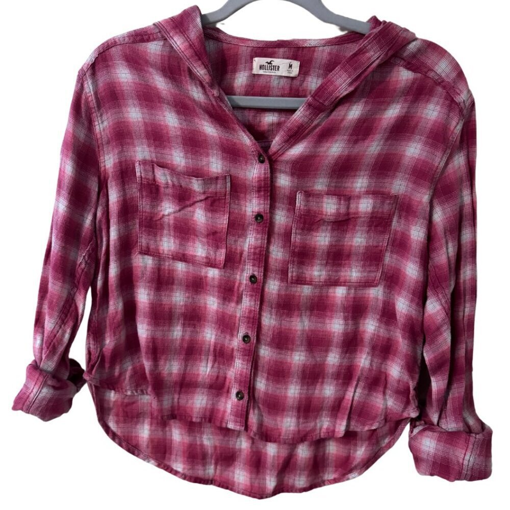 Hollister Women's Flannel Hooded Shirt Pink Button Down Size M